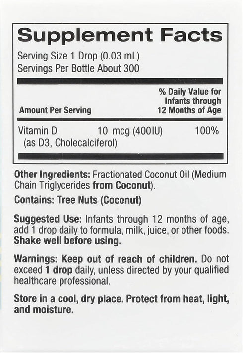 Baby Vitamin D3 by California Gold Nutrition - Liquid D3 Supplement for Babies, Vegetarian Friendly - Developmental Support - Alcohol & Gluten Free, Non-GMO - 10 mcg (400 IU) - 0.34 fl oz (10 ml)