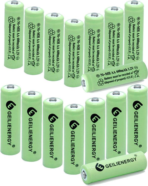 AA Ni-MH 600mAh 1.2V Double A Pre-Charged Rechargeable Batteries, 16 Pack for Outdoor Solar Lights