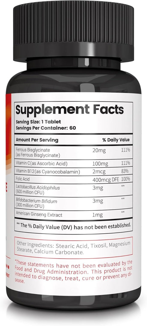 Iron Bisglycinate 20 mg with Vitamin C, B12, American Ginseng & Probiotics - Gentle on Stomach, Supports Energy & Iron