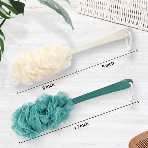 2Pack Back Scrubber for Shower PIPUHA Loofah Sponge Shower Brush Using Body Exfoliating with Long Handle, Loofah on a Stick for Men Women, Bathing Accessories for Body Brushes (Blue and White)