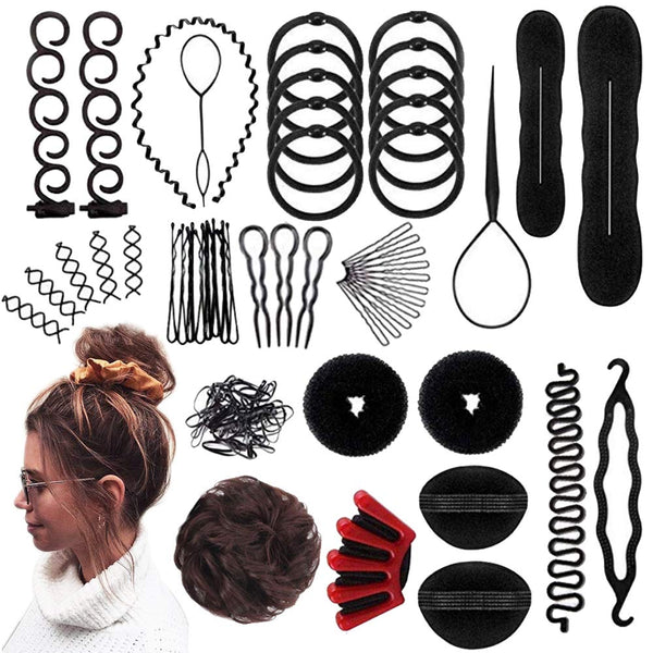 Moor 73 pcs Hair Braiding Tool with Brown Hair Wig Bun, Hair Styling Accessories, Magic Bun Maker Kit for Women, Kids