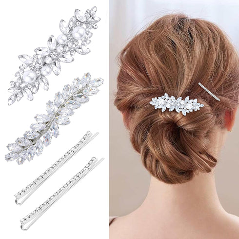 WHAVEL 4Pcs Hair Clips, Rhinestone Hair Pins for Women, Silver Bridal Barrettes, Wedding Hair Accessories