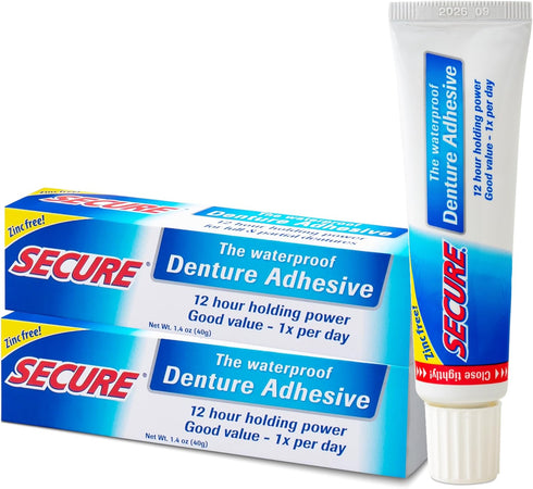 Secure Waterproof Denture Adhesive, Zinc Free, Extra Strong 12 Hour Hold, 1.4 oz, Pack of 2