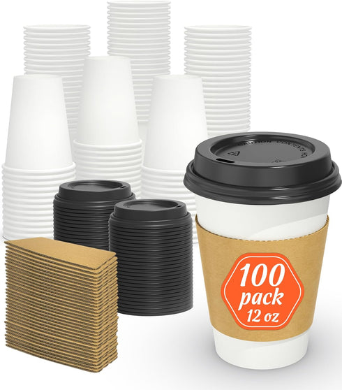 100 Pack 12 oz Disposable Coffee Cups with Lids and Sleeves, Sturdy Thick Paper, Leak-free Insulated for Hot & Cold