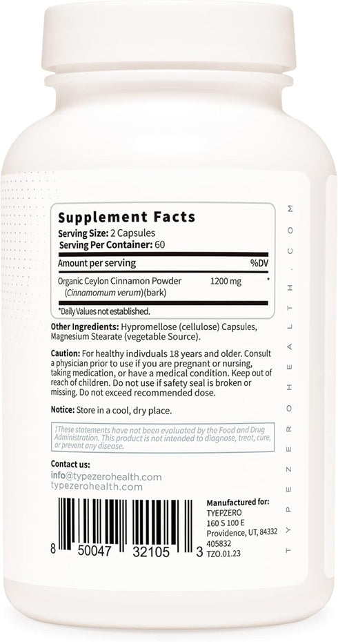 Type Zero Ceylon Cinnamon Capsules (1200mg | 120 Capsules) - Organic, Non-GMO, Gluten Free