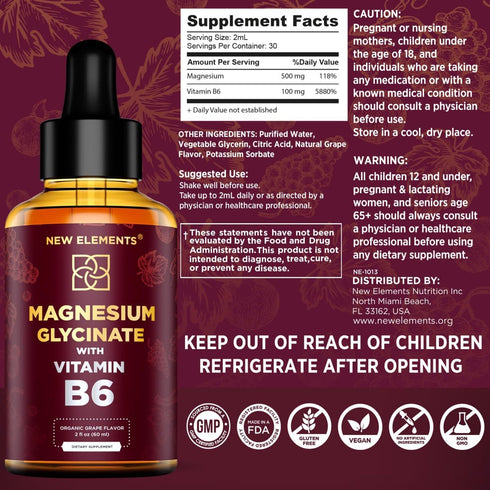 Liquid Magnesium Glycinate Drops with Vitamin B6 - 500mg Magnesium & 100mg Vitamin B6 | Non-GMO, Gluten-Free | Stress