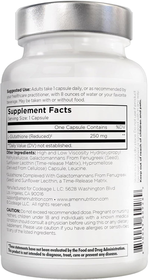 Amen Glutathione-SR+ Advanced Sustained-Release Supplement, 2-Month Supply, Reduced L-Glutathione, 60 Capsules