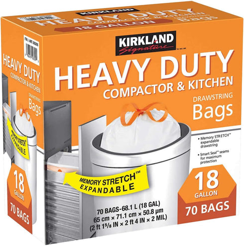 KIRKLAND Signature Compactor and Kitchen Trash Bags, White, 18 Gallon (70 Count)