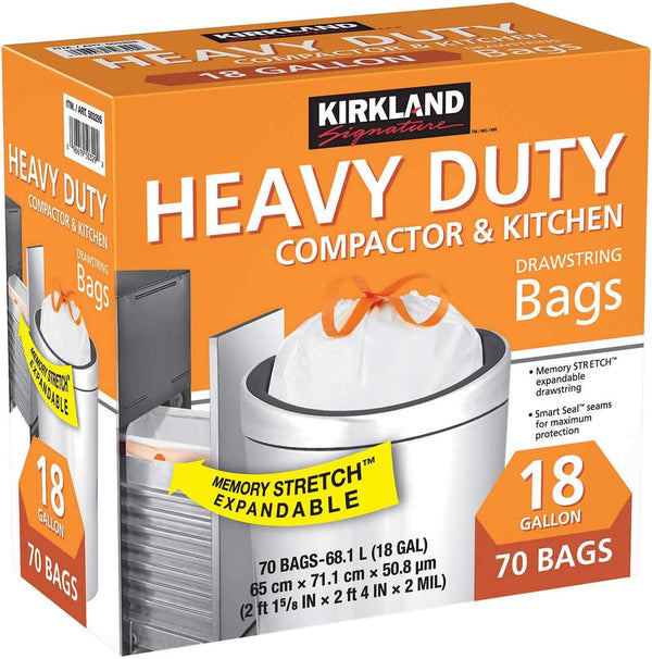 KIRKLAND Signature Compactor and Kitchen Trash Bags, White, 18 Gallon (70 Count)