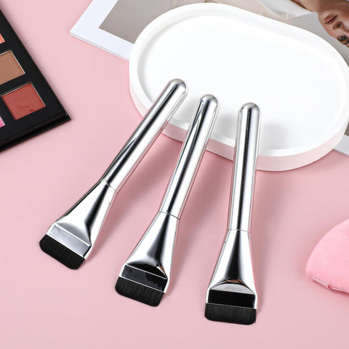 Foundation Brush Set, 3 Pcs Makeup Flat Brushes, Portable Facial Tools for Cream, Powder, Liquid - Silver