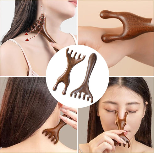 WHFDCai 2 Pack Wooden Massage Comb, Multi-Functional Handheld Head Massage Tool, Acupoint Massager, Gua Sha Comb