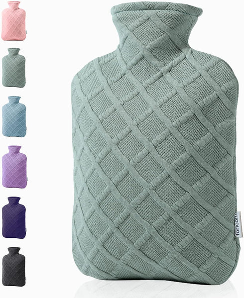 FORICOM Hot Water Bottle with Cover,Hot Water Bag for Pain Relief 2Liter,Heating Pad,Hand Warmer,Warming Bed.Classic.BPA Free,Close-Match(Green)