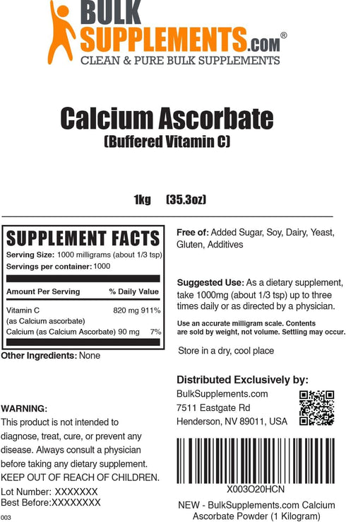 BulkSupplements.com Calcium Ascorbate Powder, Buffered Vitamin C Supplement, Gluten Free, 1000mg per Serving, 1kg