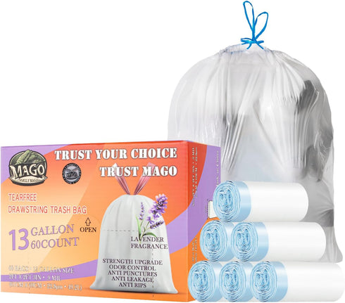 MAGO FAMILY MAGIC 13 Gallon Trash Bags, Tall Kitchen Drawstring Trash Bags, Large Kitchen Garbage