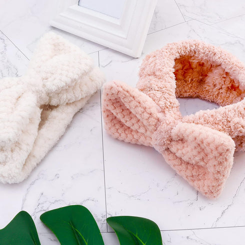 YISSION 2PCS Spa Headband with Bow, No Slip Elastic Hair Band for Face Wash, Makeup Skincare for Women Girls (White