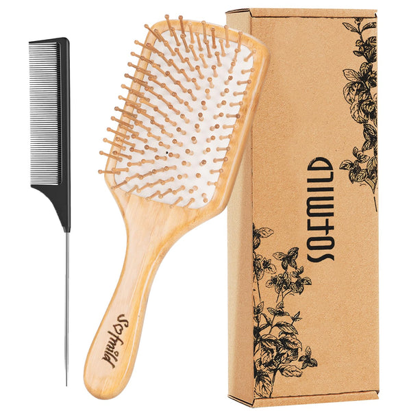 Natural Wooden Bamboo Hair Brush and Detangle Tail Comb, Paddle Hairbrush for Women, Men, Kids, Curly Hair Health