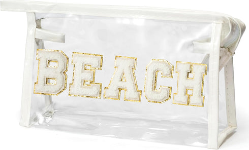 Preppy Patch Cosmetic Bag - Summer BEACH Chenille Varsity Letter Transparent PVC Zipper Makeup Bag for Women