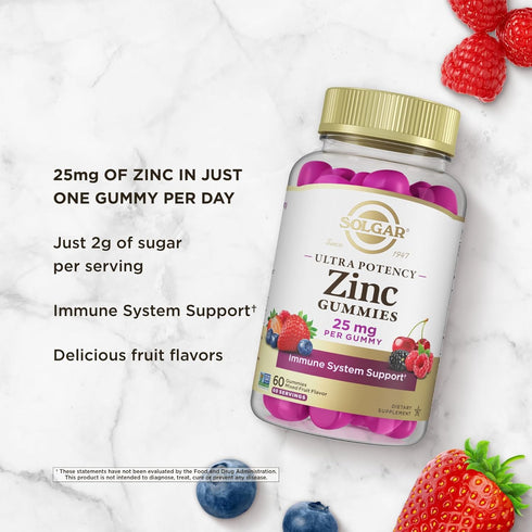 Solgar Zinc Gummies, 25mg Ultra Potency Zinc Citrate for Immune Support, Vegan, Kosher, Gluten Free, 60 Servings