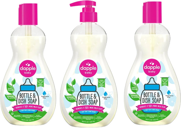 Dapple Baby Bottle and Dish Soap, Plant Based, Hypoallergenic, 16.9 Fl Oz (Pack of 3), 1 Pump Included