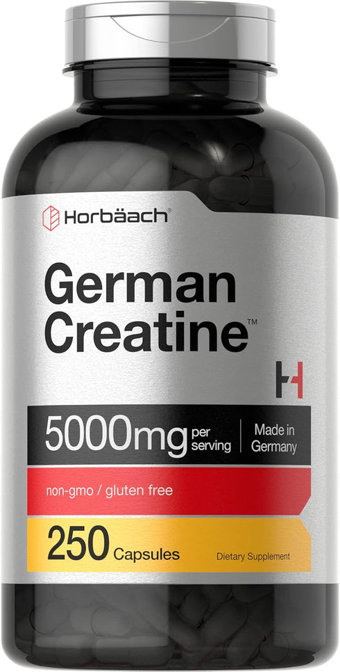 Horbaeach German Creatine Monohydrate 5000mg, 250 Capsules, Non-GMO, Gluten Free Supplement