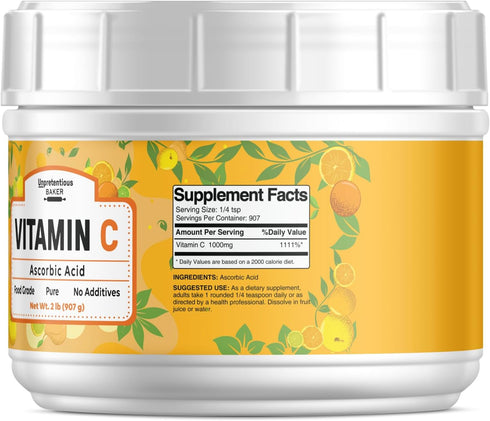 Unpretentious Vitamin C Powder Baker (2 lb) | Ascorbic Acid | Resealable Tub