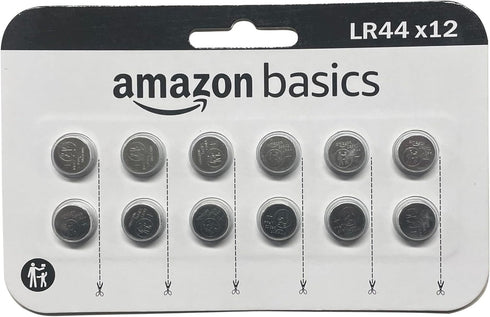 Amazon Basics 12-Pack LR44 Alkaline Button Cell Battery, 1.5 Volt, Long Lasting Power, Mercury-Free