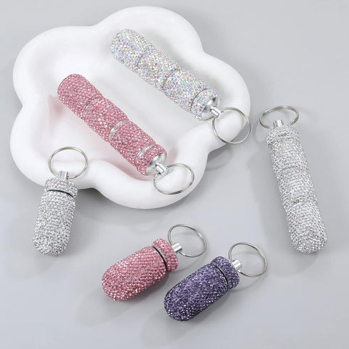 Bling Portable Travel Pill Case, Rhinestone Waterproof Small Pill Holder with Keychain, Cute Mini Storage Box for