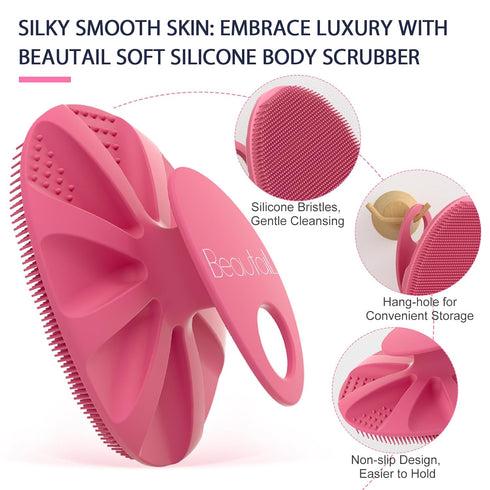 Silicone Body Scrubber, Gentle Exfoliating Shower Bath Wash Brush for Sensitive Skin, Easy to Clean, 1 Pack, Pink