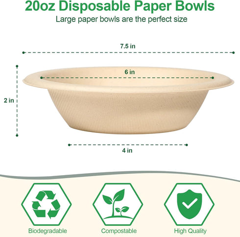 50 Pack Disposable Bowls, 20 oz Heavy Duty Paper Soup Bowls, Biodegradable Compostable for Salad, Ice Cream, Party