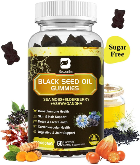 Black Seed Oil & Sea Moss Gummies, Organic Irish Sea Moss with Black Seed Oil, Immune Support, Joints, Digestion