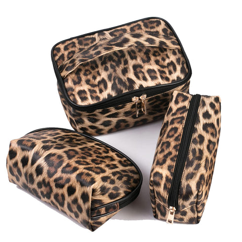 Makeup Bag Leopard 3 Pack, Portable Travel Toiletry Bag Organizer with Small Brush Holders, Waterproof Storage Case for
