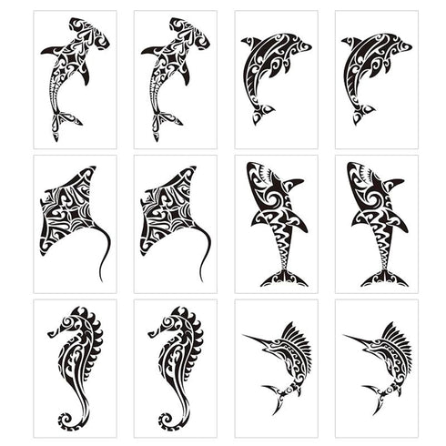12 Sheets Temporary Tattoos for Men Adults, Maori Stingray Shark Whale Hippocampus Polynesian Tribal Hawaiian Fake Tattoo for Neck Arm Hands Leg
