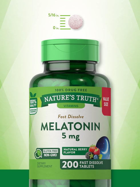 Melatonin 5mg - 200 Fast Dissolve Tablets, 100% Drug Free Supplement, Non-GMO & Gluten Free, Natural Berry Flavor by
