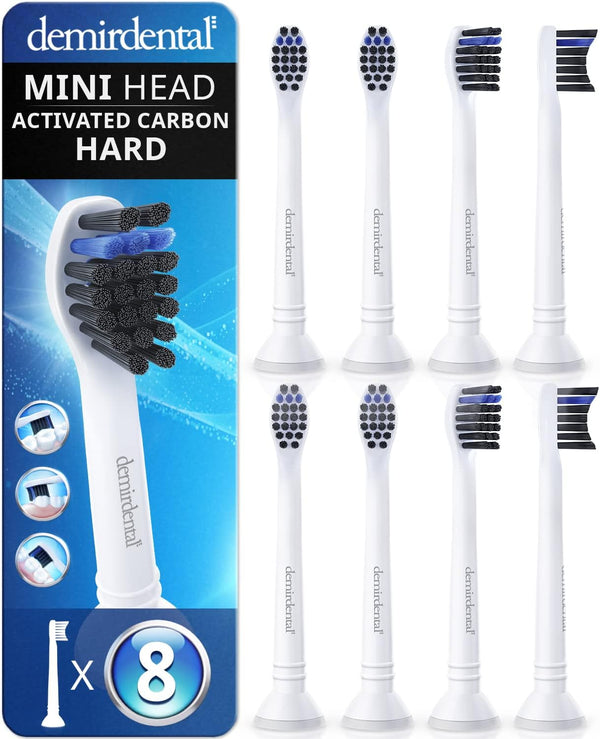 toothbrush heads active charcoal mini hard compatible with Philips Sonicare toothbrush heads - small hard brush heads for natural precision cleaning - White - HX4088-8 Pack