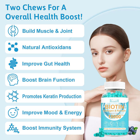 Hair Skin Nail Vitamins Gummies Supplement - 15000mcg Biotin with Collagen, 120 Ct, Sugar Free