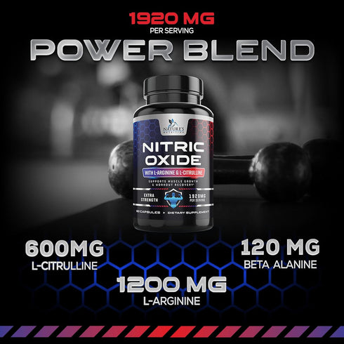Extra Strength Nitric Oxide Supplement, L Arginine 3X Strength, Citrulline Malate, 60 Capsules