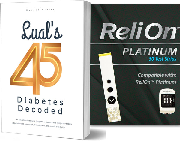 Lual's 45 Diabetes Decoded Bundle with ReliOn Platinum Blood Glucose Test Strips, 50 Test Strips for Diabetes
