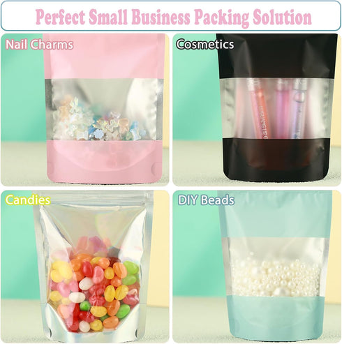 200 Pcs Mylar Bags for Food Storage - 7x10 Holographic Stand Up Resealable Bags for Food, Smell Proof, Black