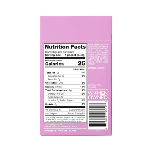 Cure Hydration Plant-Based Electrolyte Drink Mix - No Added Sugar Coconut Water Powder, Box of 8 Packets