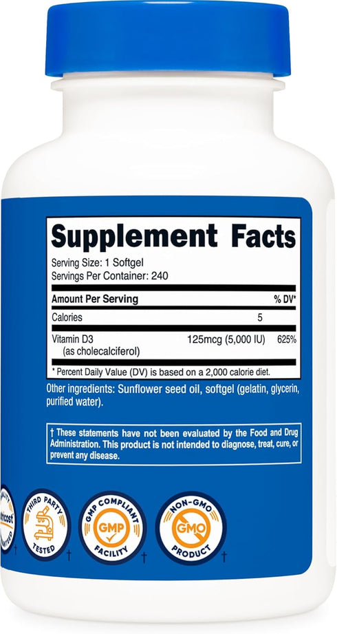 Nutricost Vitamin D3 5,000 IU - 240 Softgels - Non-GMO and Gluten-Free