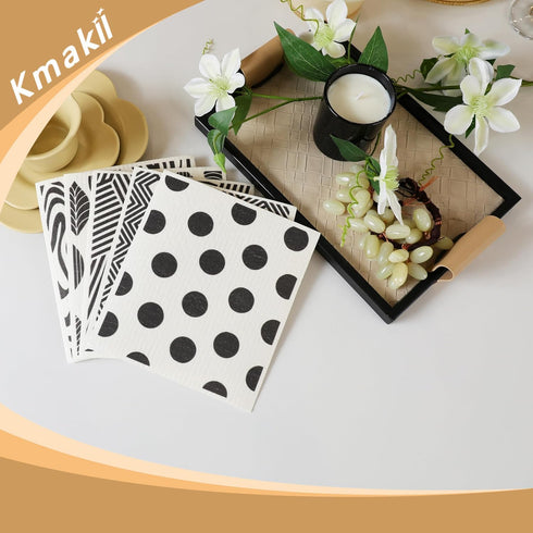 KMAKII 5 Pack Swedish Dishcloths - Black & White, Reusable Absorbent Sponge Cleaning Cloths for Kitchen and Counters