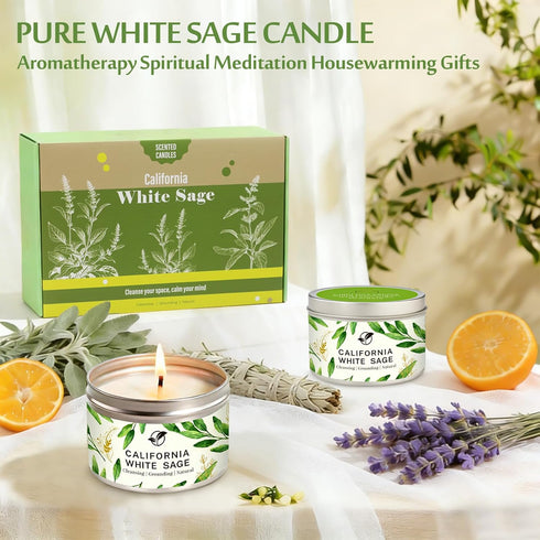 Set, 6-Pack 6oz Sage Candle Gift Natural Soy Wax Aromatherapy Scented Candles, Clean Burn & Lead-Free Cotton Wicks