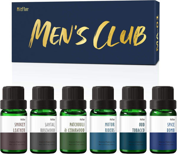 MitFlor Men's Club Fragrance Gift Set, Premium Essential Oils for Home Diffusers, 10ml x 6, Oud Tobacco, Leather,