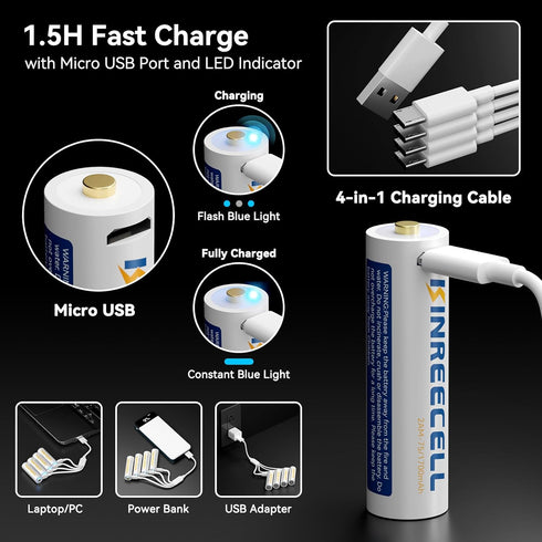 Rechargeable AA Li-Ion Battery, 4 Pack 2600mWh 1.5V with 4 USB Cables, 1.5 Hour Fast Charge