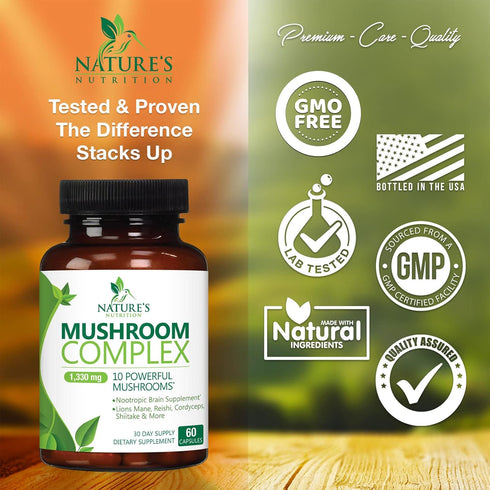 Mushroom Supplement 60 Count, 10 Mushroom Complex Blend with Lions Mane, Reishi, Turkey Tail & More