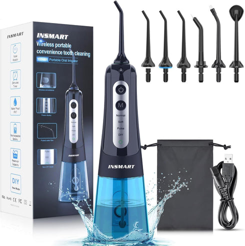 Cordless Water Dental Flosser Teeth Cleaner, INSMART 300ML Tank USB Rechargeable Oral Irrigator for Home & Travel, Blue