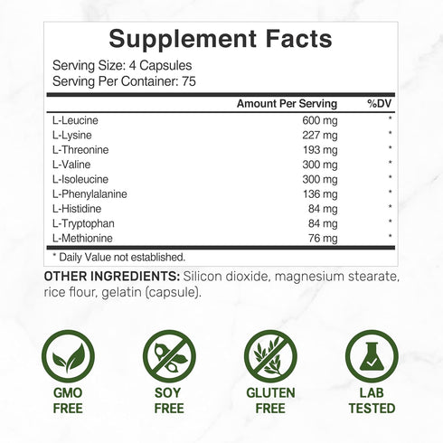 Essential Amino Acids (EAA) 2000mg Per Serving, 300 Capsules – Unflavored - 9 in 1, All BCAAs (Branched-Chain Aminos) – Lean Muscle Support & Natural Pre Workout Supplement