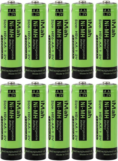 iMah 10-Pack AA Rechargeable Batteries 1.2V 1300mAh Ni-MH for Solar Lights, Garden Lamps, Remotes, Mice