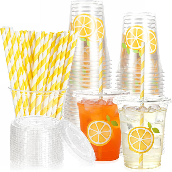 Sofzy 50Pcs Lemonade Stand Supplies Plastic Cups with Lids and Straws 12oz Party