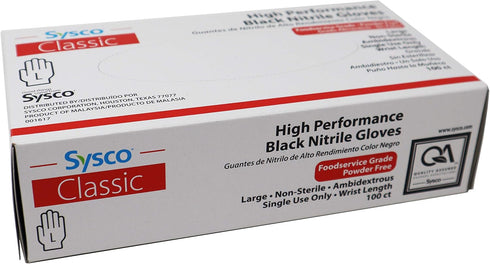 Sysco Nitrile High Performance Gloves, Powder Free Disposable Food Grade (100 Gloves Pack) (Large - Black)